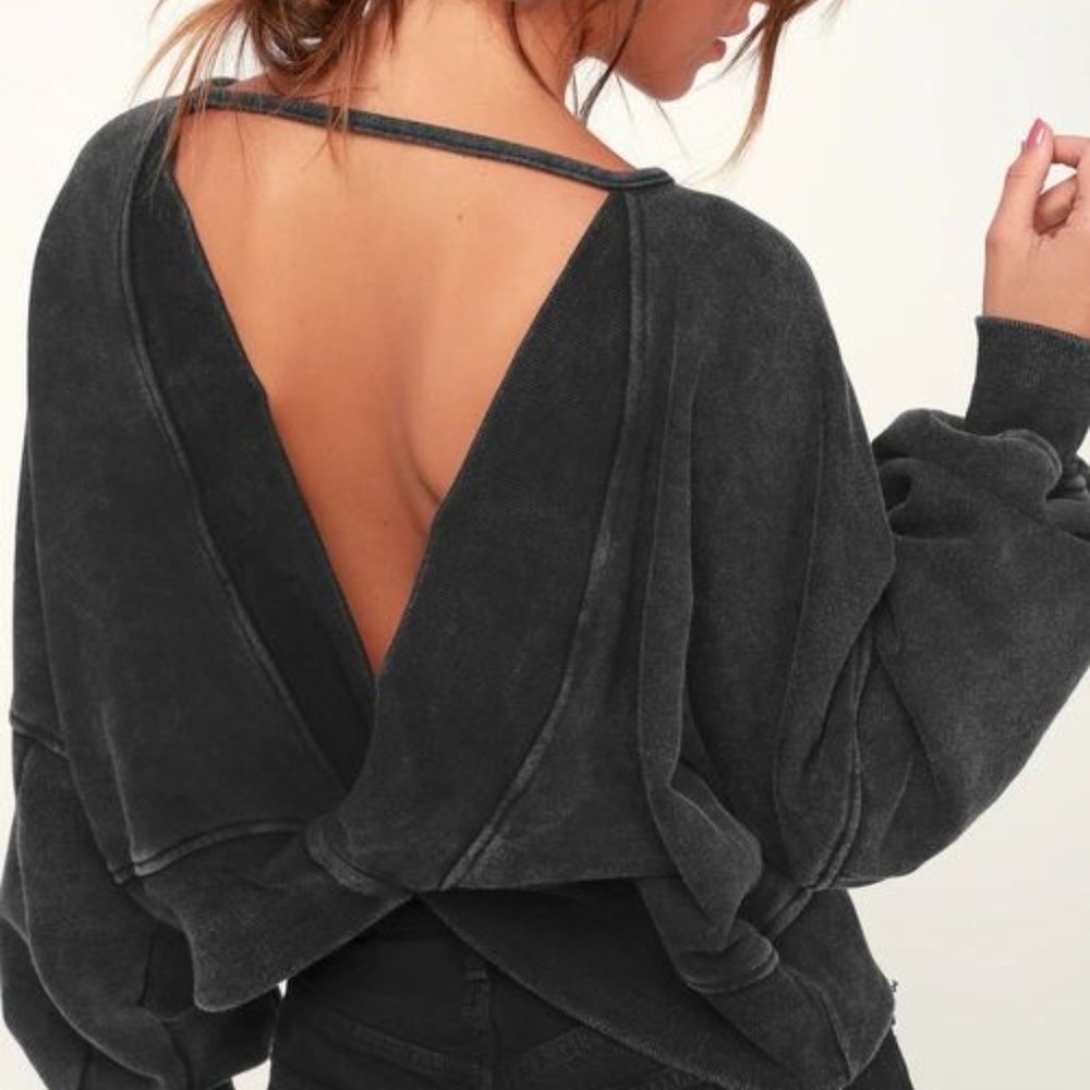 Lulu's Twist Connection Washed Black Backless Cropped Sweater Top
